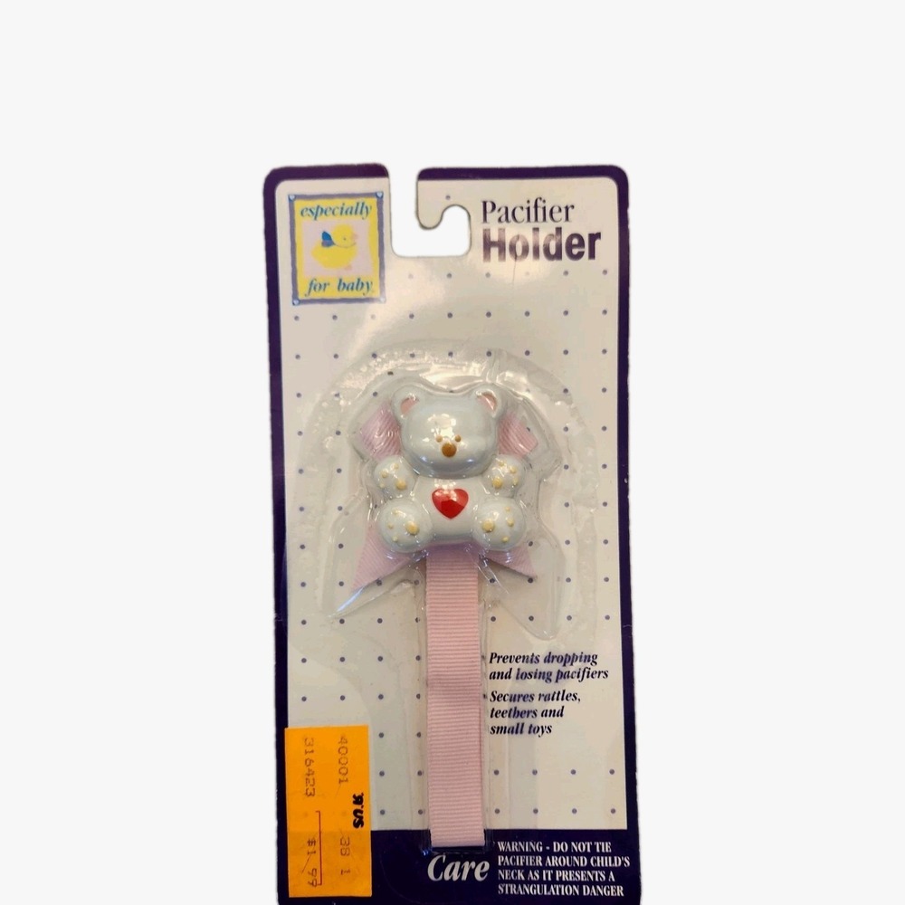 VTG NOS 90s Toys R Us Pacifier Holder White Teddy Bear Red Heart Pink Ribbon